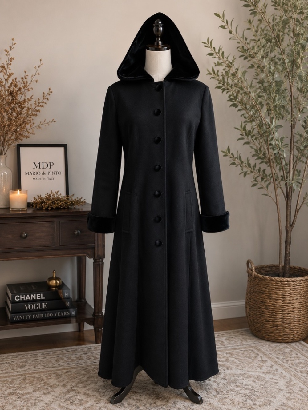 Vintage Mario De Pinto Wool Hooded Coat Black Velvet Trim USA 18T